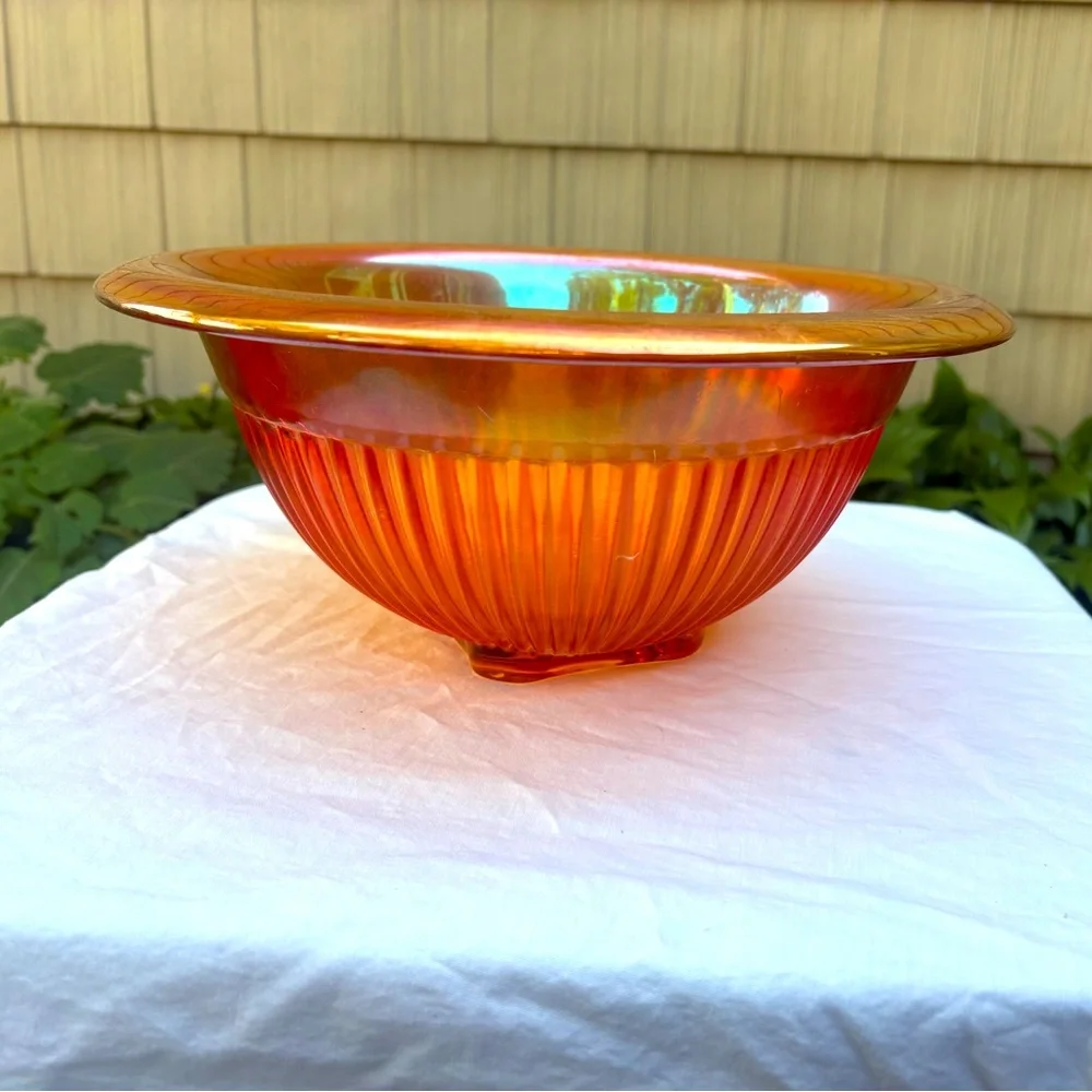 Vintage Federal Glass Orange Carnival Glass Rolled Edge Bowl 11 1/2